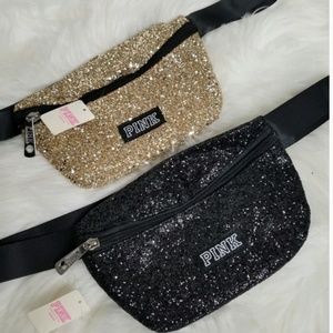 NWT 2 VS Pink Fanny Pack Glitter Black & Gold